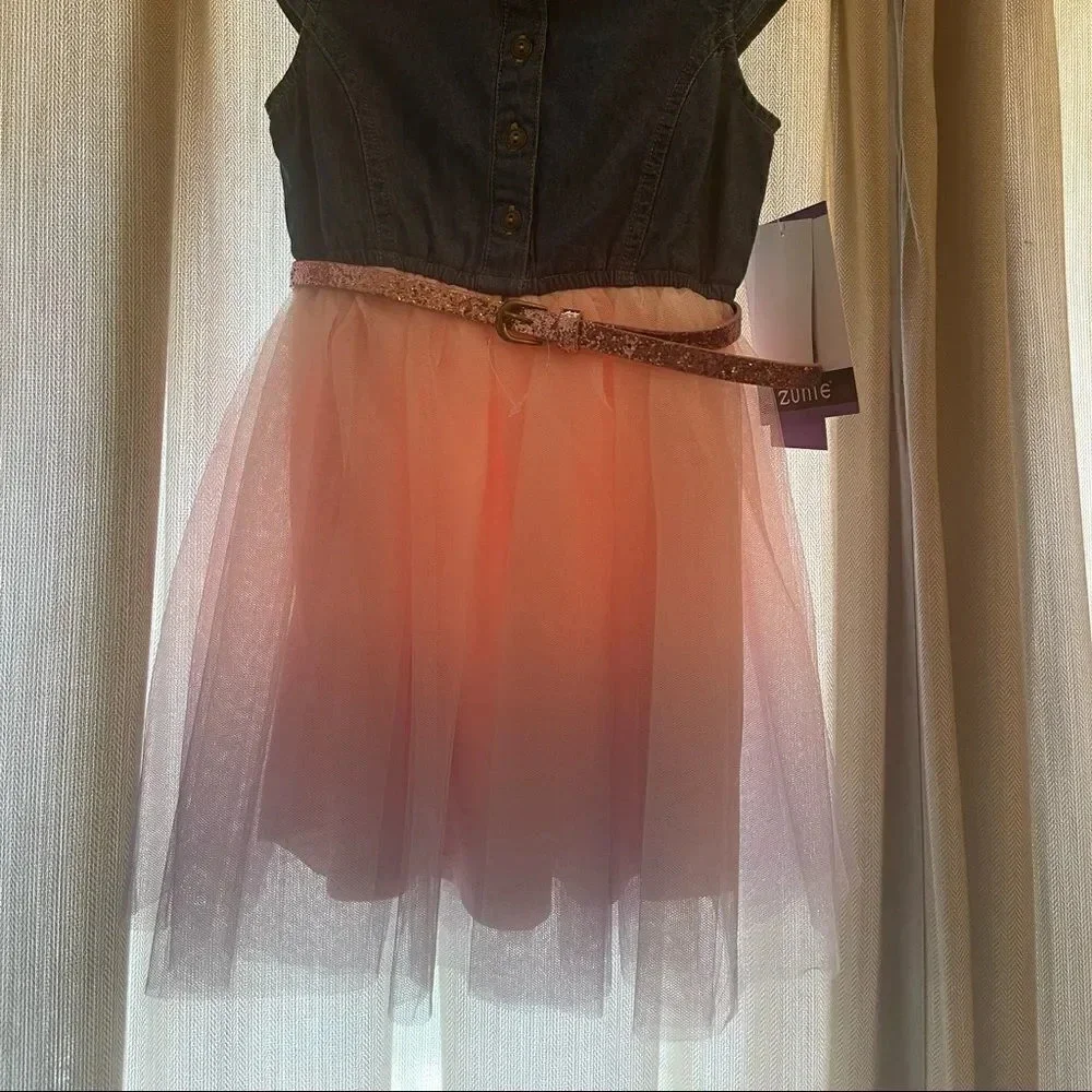 Zunie Kids' Dress size 4 Jean connected Top with Mesh Skirt & Pink Glitter Belt